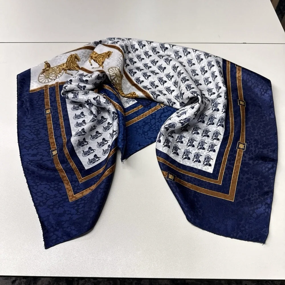 VTG Equestrian Satin Square Blue White Large Scarf 34